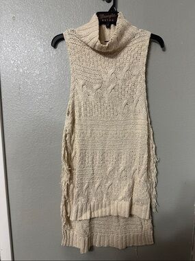 Free People Cream Cable-Knit Sleeveless Turtleneck with Fringe Sides